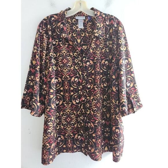 Catherine's Women Black w/Brown & Red Pasley Button Down Blouse size 2XWPetite - Picture 2 of 6